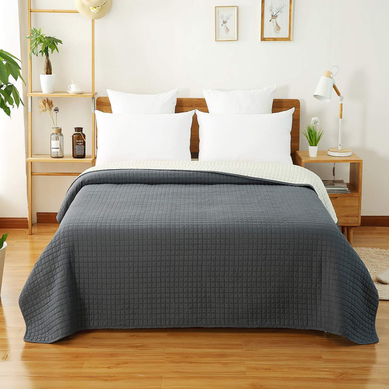 TWIN Grey Check 2 Pcs TEMPCORE Quilt Set Coverlet Grey Bedspread All Season 