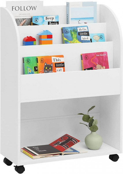 Bücherregal für Kinder mit 4 Fächern Rollen Kippsicherung, MDF PP, Weiß