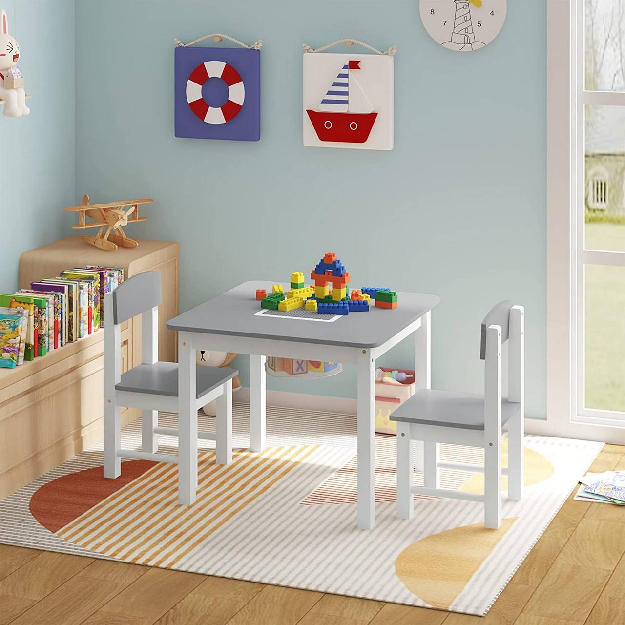 WOLTU - Tavolo e sedie per bambini, Tavolino per bambini con 2 sedie, scrivania per bambini, con Base per Blocchi reversibile e tasca a rete, per