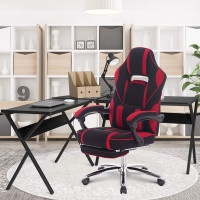 Racing Chair Swivel Computer Desk Chair Fabric Seat with 170°Tilt Reclining Function Lumbar Support & Relaxing Footrest