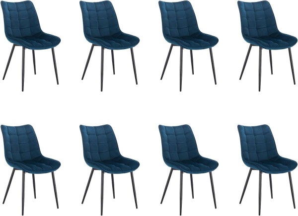 8er-Set Esszimmerstühle mit Rückenlehne, Sitzfläche aus Samt, Metallbeine blau