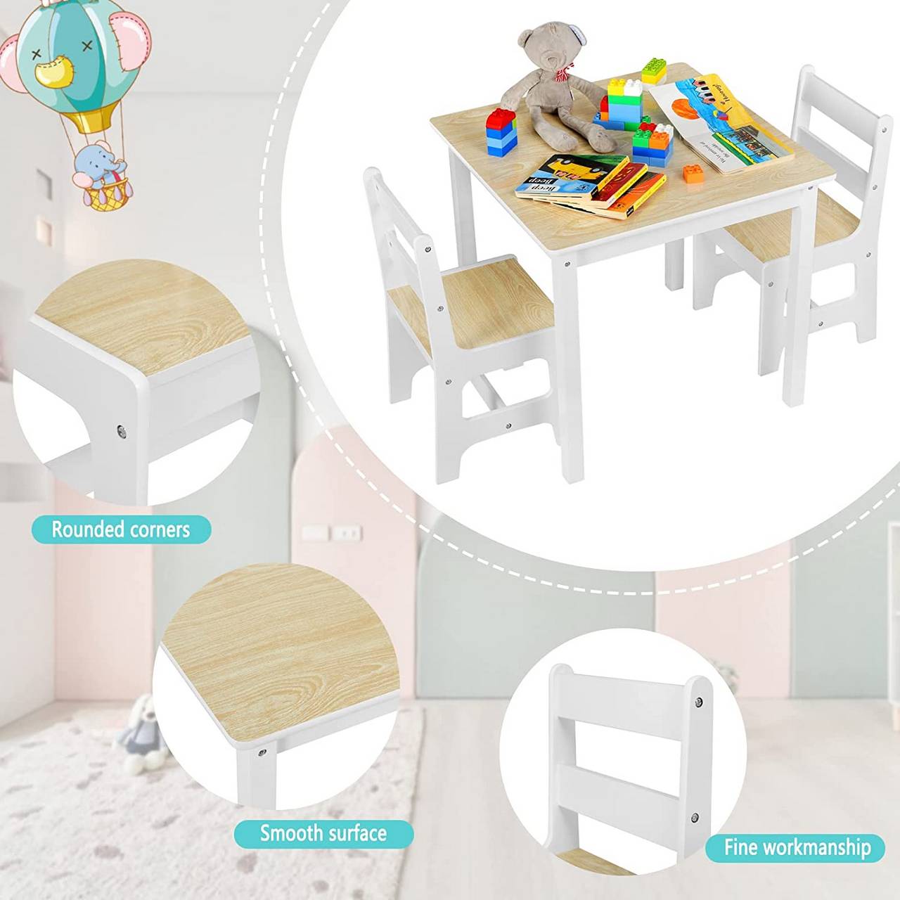 Kids Table and Chairs Sets Children\'s Desk Table with 2 Chairs Stools Set  for Preschoolers Boys and Girls White Wooden
