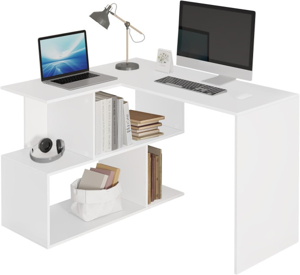 Schreibtisch Eckschreibtisch Arbeitstisch PC Laptop Tisch, mit Ablagen, MDF weiß