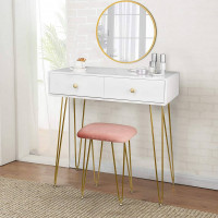 White Dressing Table with Velvet Pink Stool Wall Mount Mirror Set with 2 Drawers Under the Makeup Bedroom Desk Dresser Set Hairpin Legs