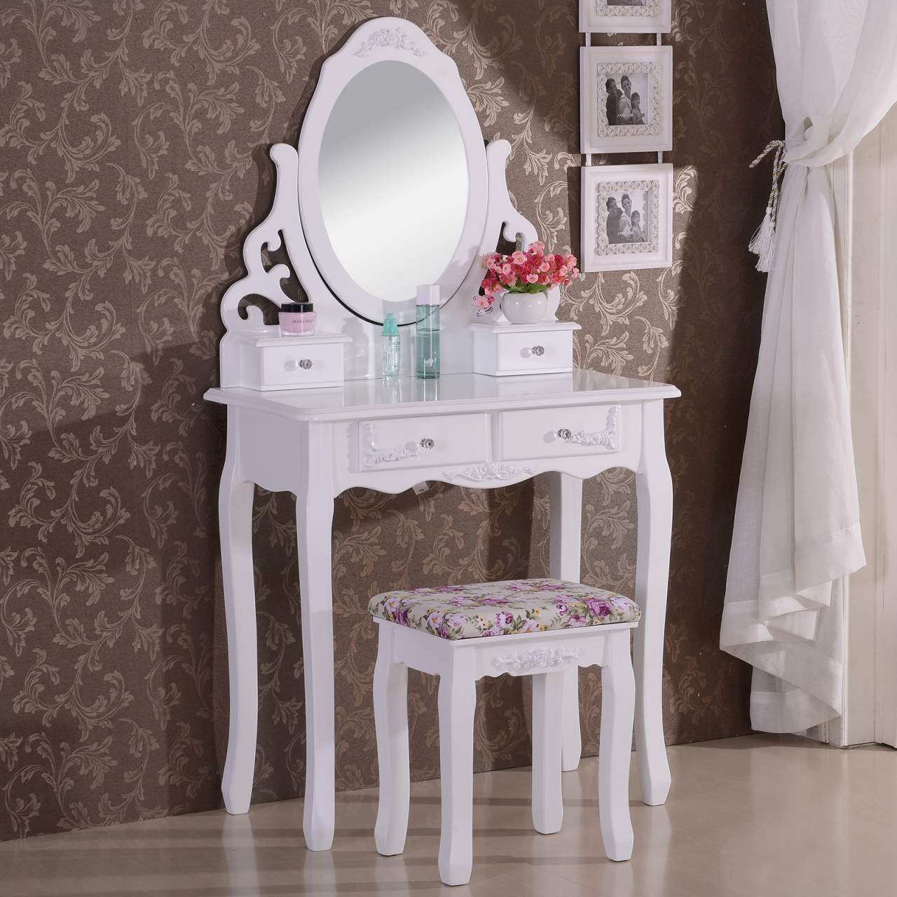 Wooden Dressing Table With Mirror Stool 4 Drawers Model Oval