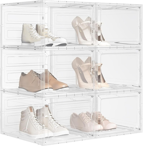 Schuhboxen stapelbar 6er Set, mit magnetischer Tür, transparent aus Kunststoff