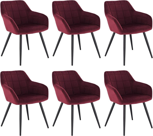 6 x Esszimmerstühle 6er Set Esszimmerstuhl Küchenstuhl Polsterstuhl Design Stuhl mit Armlehnen, mit Sitzfläche aus Samt, Gestell aus Metall Bordeaux