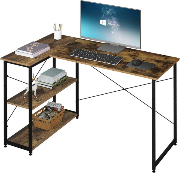Klihome bureau L-vorm, computerbureau met plank, opbergruimte, houtmateriaal metaal