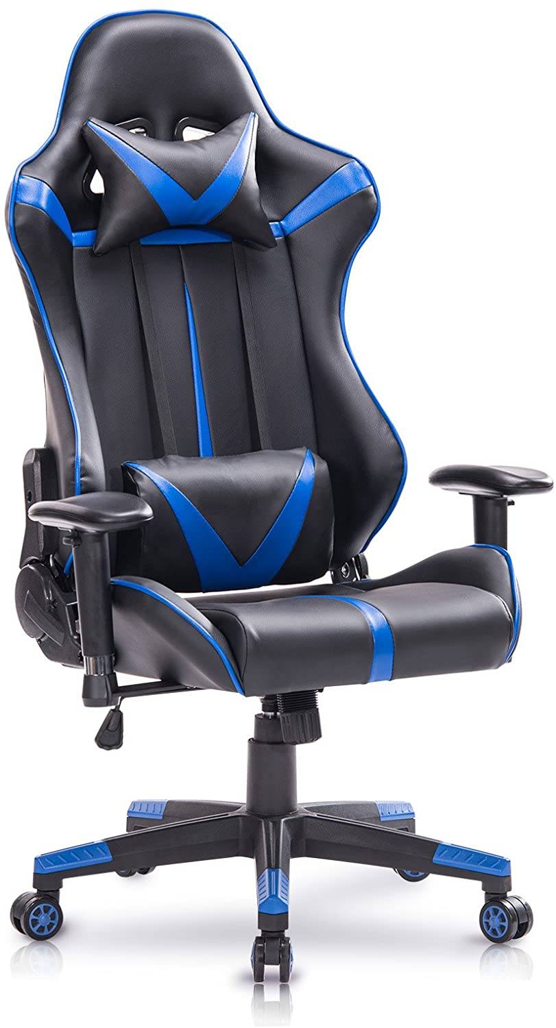 höhenverstellbar Gaming Stuhl Blau Racing Stuhl bis 150 kg belastbar Bürostuh mit Kopfstütze und Lendenkissen