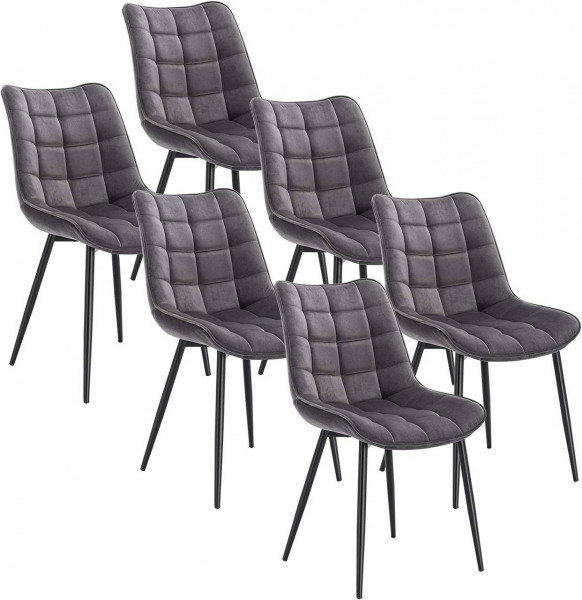 6er-Set Esszimmerstühle mit Rückenlehne, Sitzfläche aus Samt, Gestell aus Metallbeine dunkelgrau