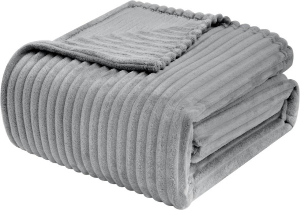 Kuscheldecke Flanell Flauschig, Sofadecke mit Streifenmuster für Bett Couch grau