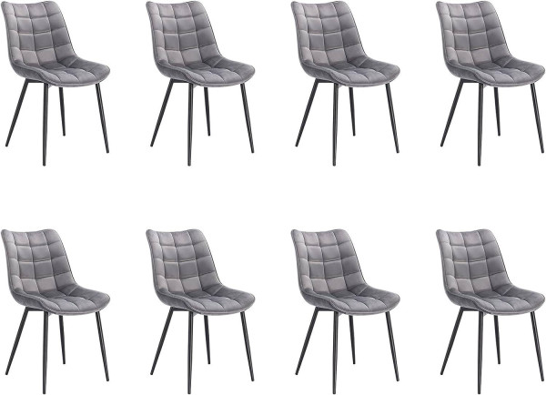 8er-Set Esszimmerstühle mit Rückenlehne, Sitzfläche aus Samt, Metallbeine hellgrau