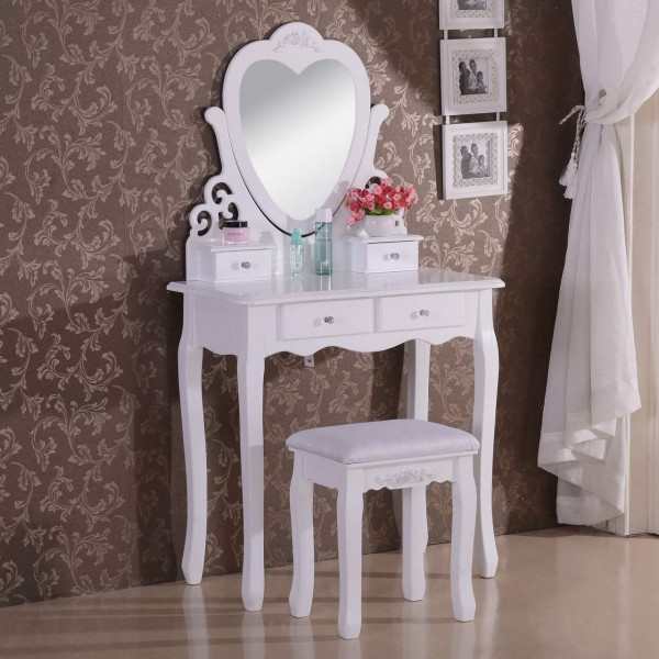 Mirror Stool 4 Drawers Model Heart, Vanity With Mirror And Stool