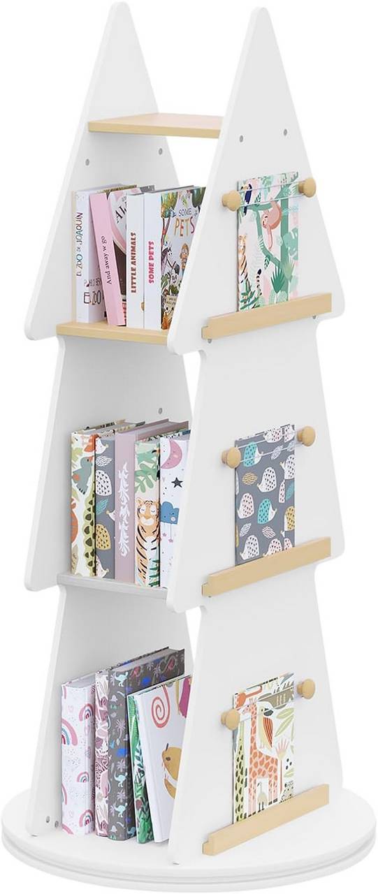 Children's bookcase, rotating shelf, Christmas tree shape, with 4 shelves,  made of white MDF wood