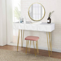 Dressing Table with 360° Swivel Makeup Mirror White Cosmetic Table with 2 3D Effect Drawers