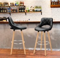 Breakfast Kitchen Counter Bar Stools Set of 2 pcs Faux Leather Seat Bar Chairs Wood Legs Barstools High Stools