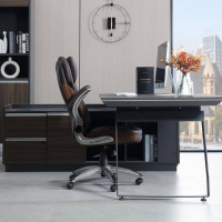 Bürostuhl, ergonomisch, Chefsessel mit Kopfstütze Armlehnen, drehbar, Kunstleder, Braun