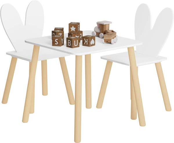 Kindertisch mit 2 Stühlen, mit Massivholzbeinen Kaninchenohren-Rückenlehne, Weiß