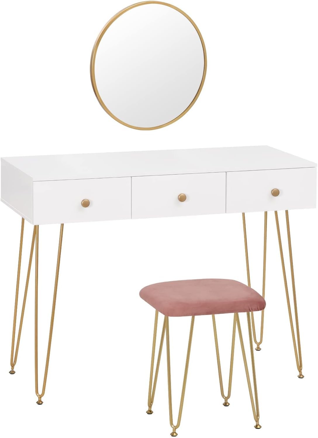 White Dressing Table with Velvet Pink Stool Wall Mount Mirror Set