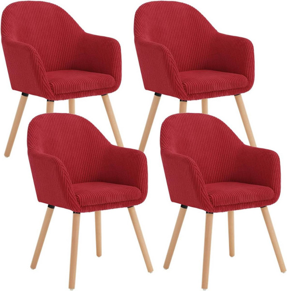 Esszimmerstühle 4er Set, Polsterstuhl, mit Armlehnen, aus Cord, Massivholzbeine, Rot