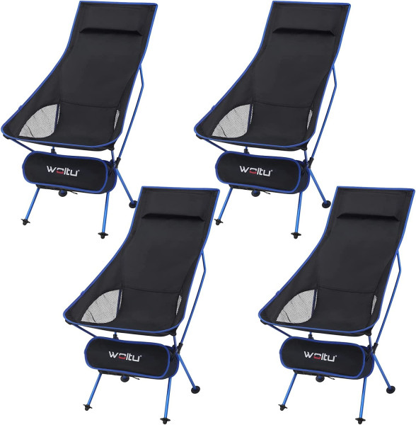 4er-Set Campingstuhl Faltstuhl, Ultraleichter mit Tragetasche und Kopfstütze schwarz-blau