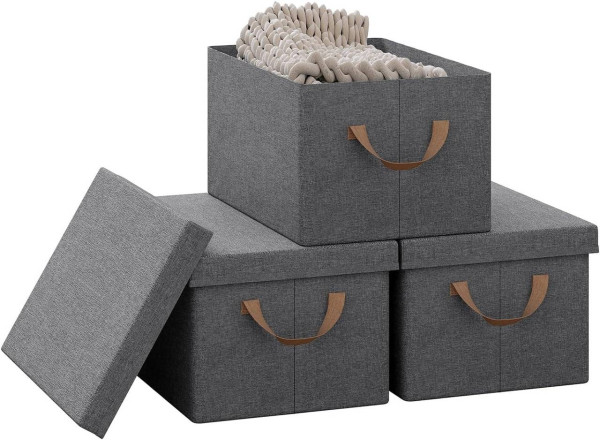 3er Set Aufbewahrungsboxen mit Deckel, mit Griffen, faltbar, Grau