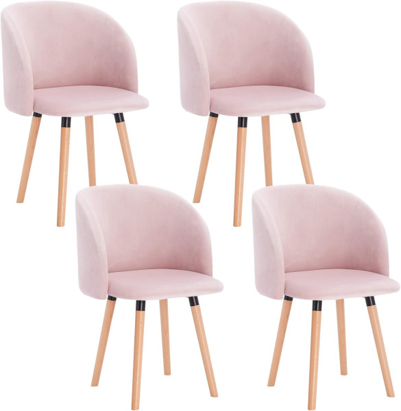 4er Set Esszimmerstuhl, mit Armlehne, mit Sitzfläche aus Samt, aus Massivholz rosa