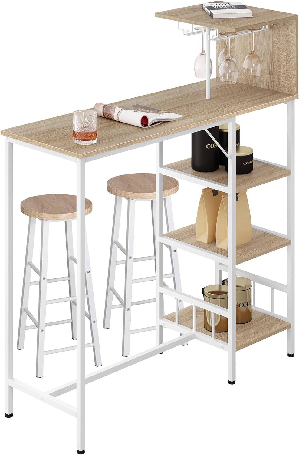 Juego de 5 muebles de mesa de cocina con 4 sillas, mesa de comedor y  taburetes de bar (tela beige)