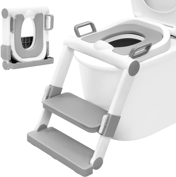Toilettensitz Kinder mit Treppe klappbar, 3 Stufen höhenverstellbar, Anti-Rutsch-Pads