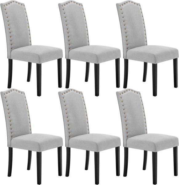 6er Set Esszimmerstühle, mit hoher Rückenlehne, mit Massivholzbeinen, Leinen, hellgrau