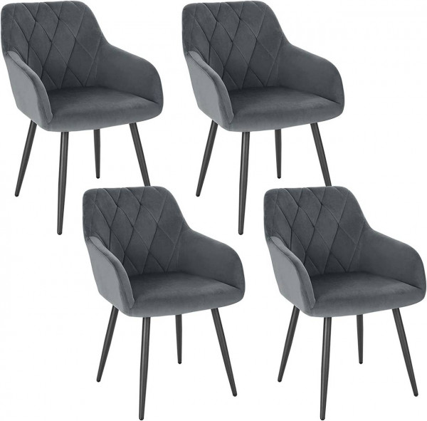 4er Set Esszimmerstühle mit Armlehne Rückenlehne, Stuhl mit Samtbezug Metallbeinen dunkelgrau