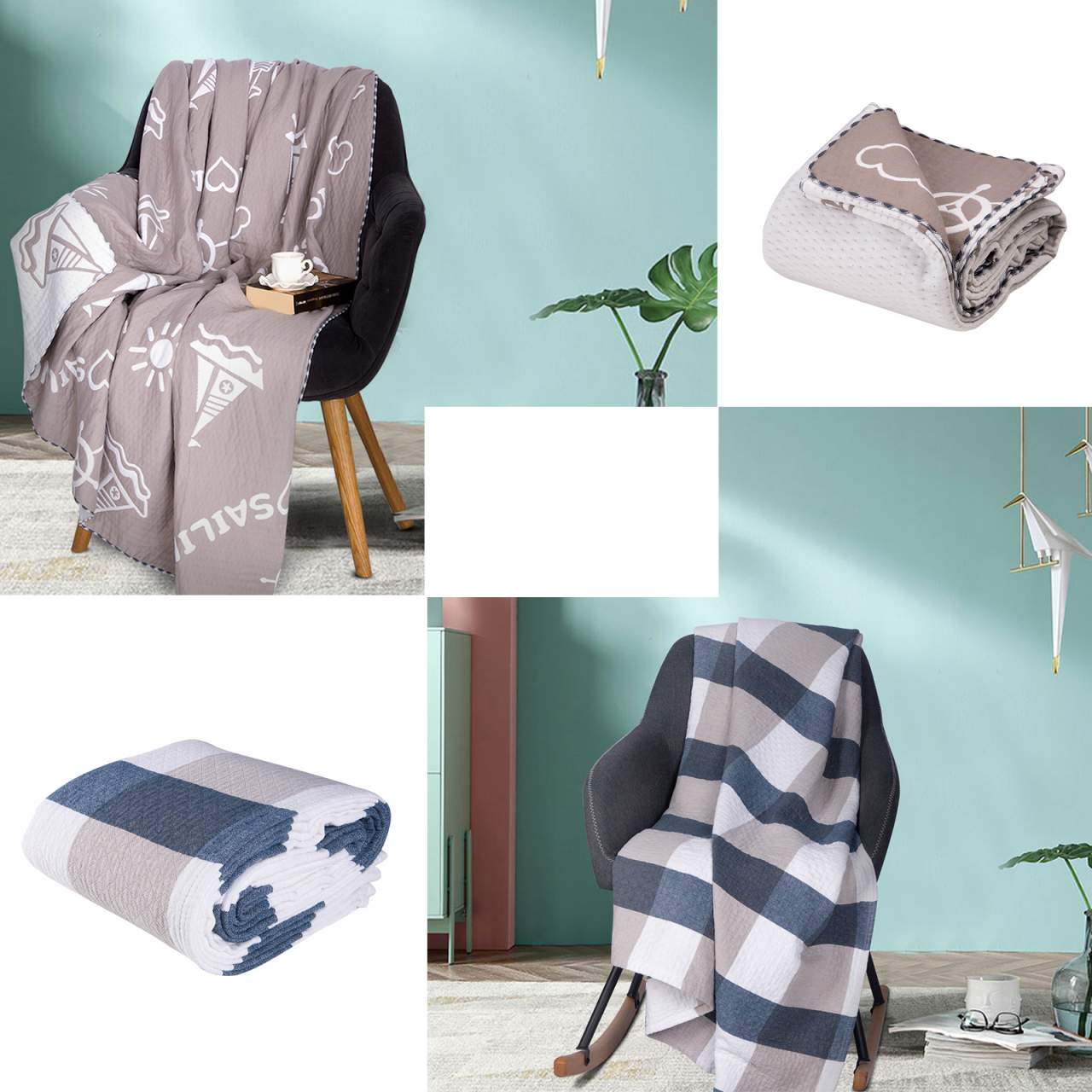 Bed Throw Natural Chocolate & Black Check Design 100% Cotton Sofa 