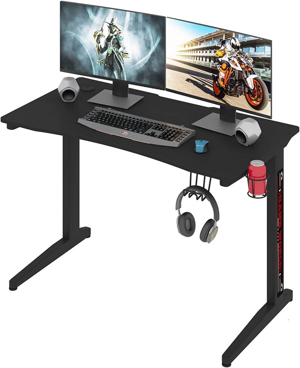Gaming Tisch 115x60cm Ergonomischer Gaming Schreibtisch Gamer PC  Computertisch mit T-förmigen Beinen, Arbeitstisch mit Kabeldurchführung  Getränkehalter Kopfhörerhalterung, Schwarz