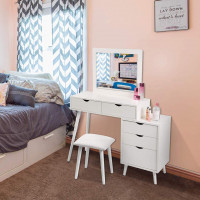 Dressing Table Cosmetic Table White with Dressing Stool Makeup Mirror Vanity Set 2 Drawers & Bedside table