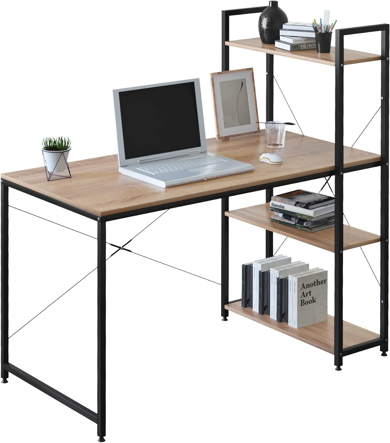  Escritorio de computadora con estantería, mesa de estudio de  escritura para ordenador portátil con estantes de almacenamiento de 5  niveles, para el hogar oficina dormitorio : Hogar y Cocina