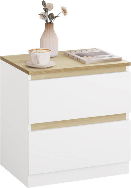 Nachttisch, Nachtschrank mit 2 Schubladen, Nachtkommode, aus Holz, Weiß helle Eiche