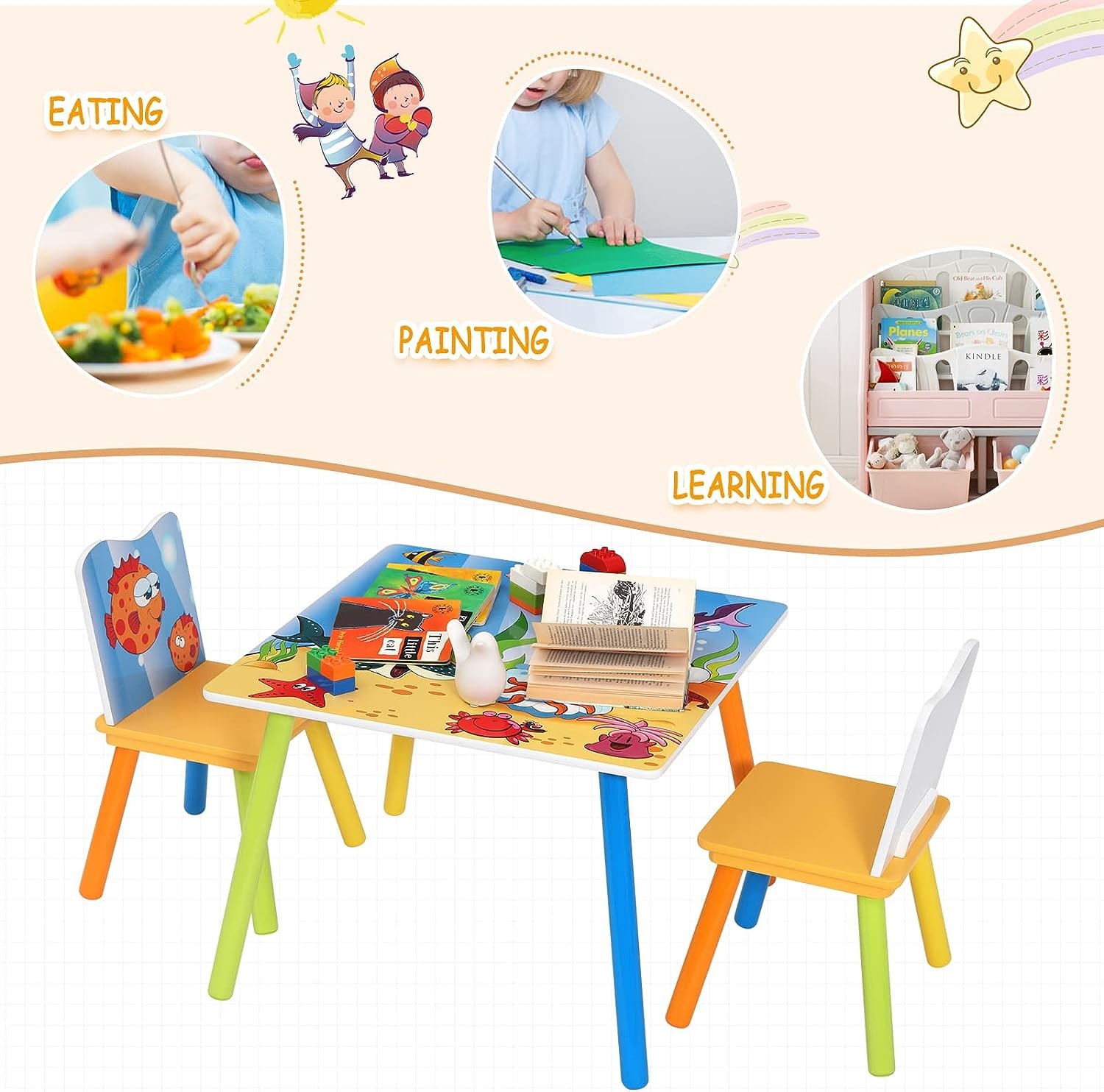 Set Mobili Tavolo e Sedie per Bambini Gioco Tavolino con 2 Sgabelli  Soggiorno Design Oceano in Legno