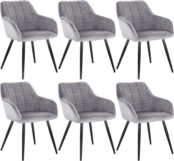 6 x Esszimmerstühle 6er Set Esszimmerstuhl Küchenstuhl Polsterstuhl Design Stuhl mit Armlehnen, mit Sitzfläche aus Samt, Gestell aus Metall Grau
