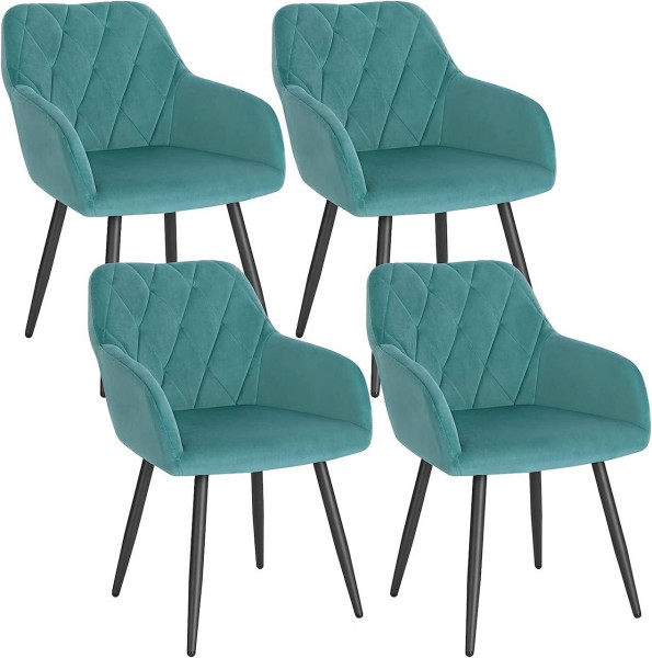 4er Set Esszimmerstühle mit Armlehne Rückenlehne, Stuhl mit Samtbezug Metallbeinen türkis