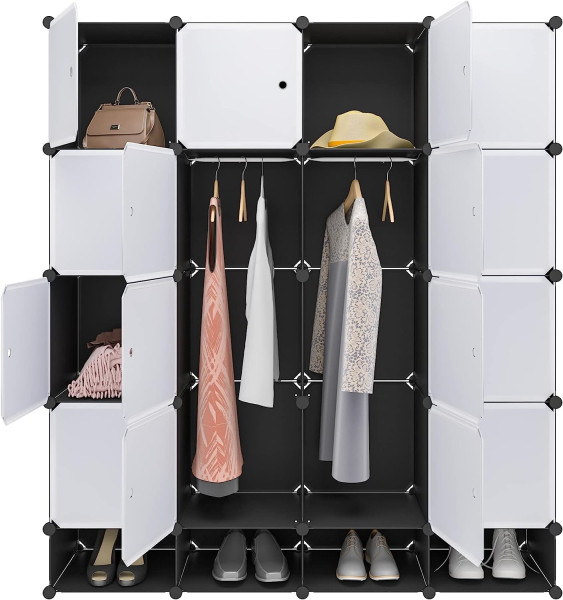 Armoire plastique, Penderie pour le stockage de vêtements jouets/livres,  Étagère de rangement DIY, 14 cubes, Noir Blanc