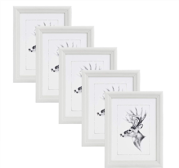 5er-Set Bilderrahmen aus Holz & Echtglasscheibe in Artos Stil, Weiß
