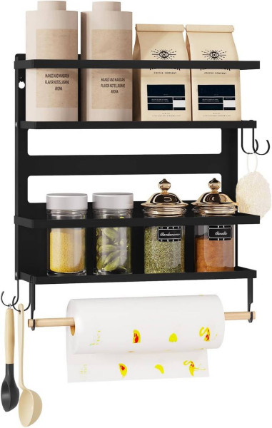 WOLTU wall shelf, with 1 kitchen roll holder, 2 shelves, 4 hooks, made of solid metal wood, black