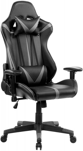 Gaming chair made of synthetic leather with adjustable armrests, pillows and lumbar cushions
