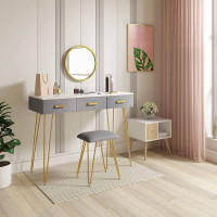 Dressing Table Pink Velvet with Stool Wall Mount Mirror Set with 3 Drawers Under the Makeup Bedroom Desk Dresser Set