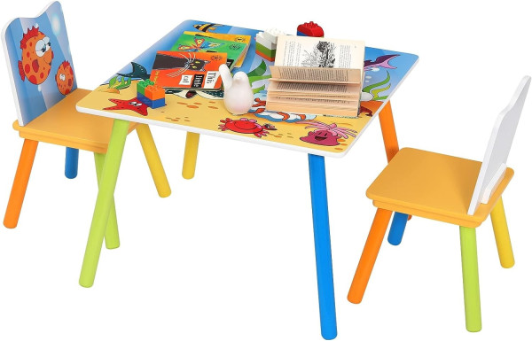 Kindertisch mit 2 Stühlen, Kindersitzgruppe mit Meer-Motiv, aus MDF Massivholz, SG003