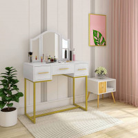 Dressing Table with 3 Mirrors, Make up Table with 3 Deep Drawers,  Modern, 90x40x125cm, White+Gold
