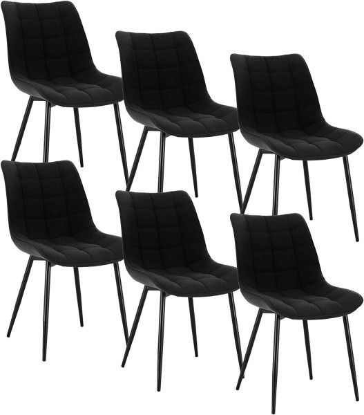 6er-Set Esszimmerstühle mit Rückenlehne, Sitzfläche aus Leinen, Metallbeine schwarz