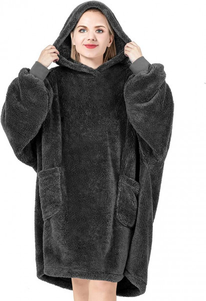 Hoodie Decke mit Ärmeln und Kapuze Kuscheldecke flauschig warm Pullover Decke zum Anziehen Anthrazit