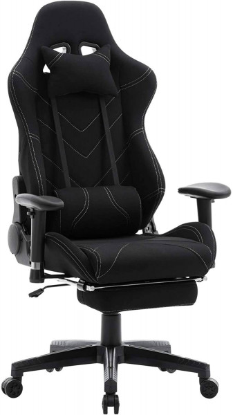 Gaming Chair, Fabric Seat with 155° Tilt Reclining Function Lumbar Support & Relaxing Footrest and Headrest