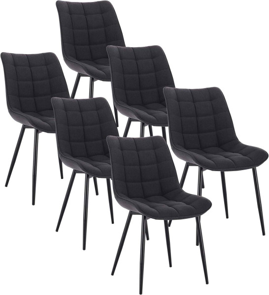 6er-Set Esszimmerstühle mit Rückenlehne, Sitzfläche aus Leinen, Metallbeine dunkelgrau